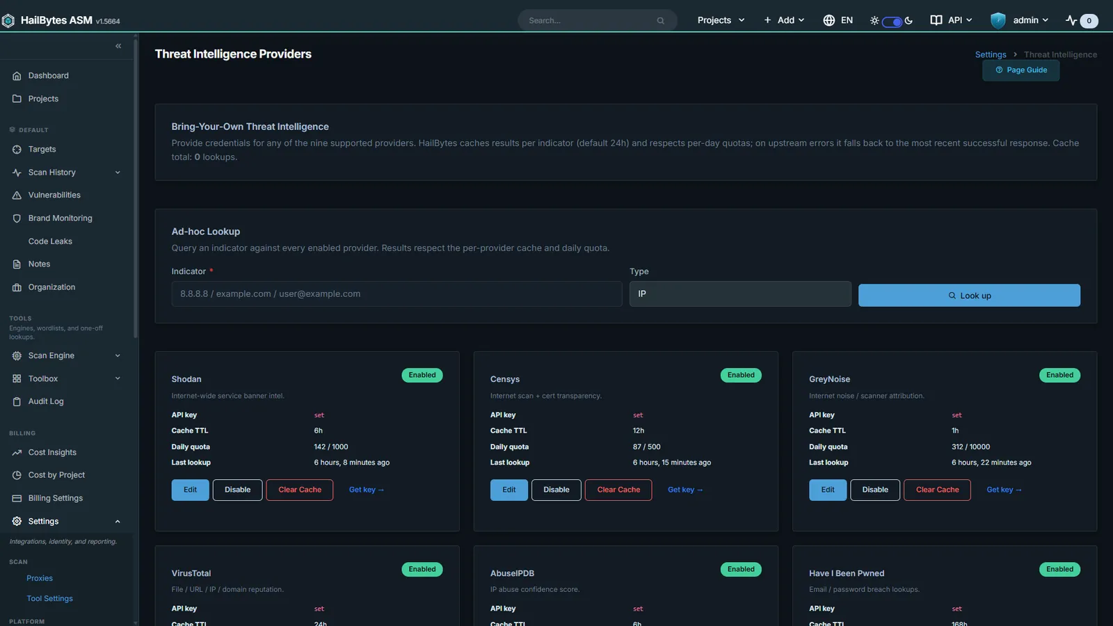 HailBytes ASM threat intelligence providers page with per-provider API key configuration, cache TTL and daily quota settings