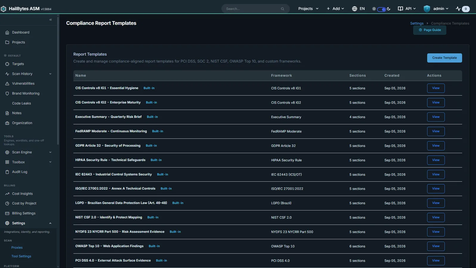 HailBytes ASM compliance templates page listing PCI DSS, NIST CSF, ISO 27001, HIPAA and SOC 2 report templates