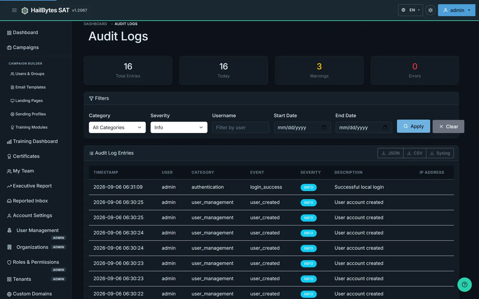 HailBytes SAT Audit Logs page with JSON/CSV export buttons