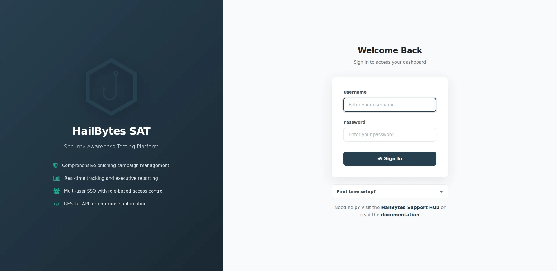 HailBytes SAT login page with Welcome Back header, username and password fields, and first-time setup dropdown