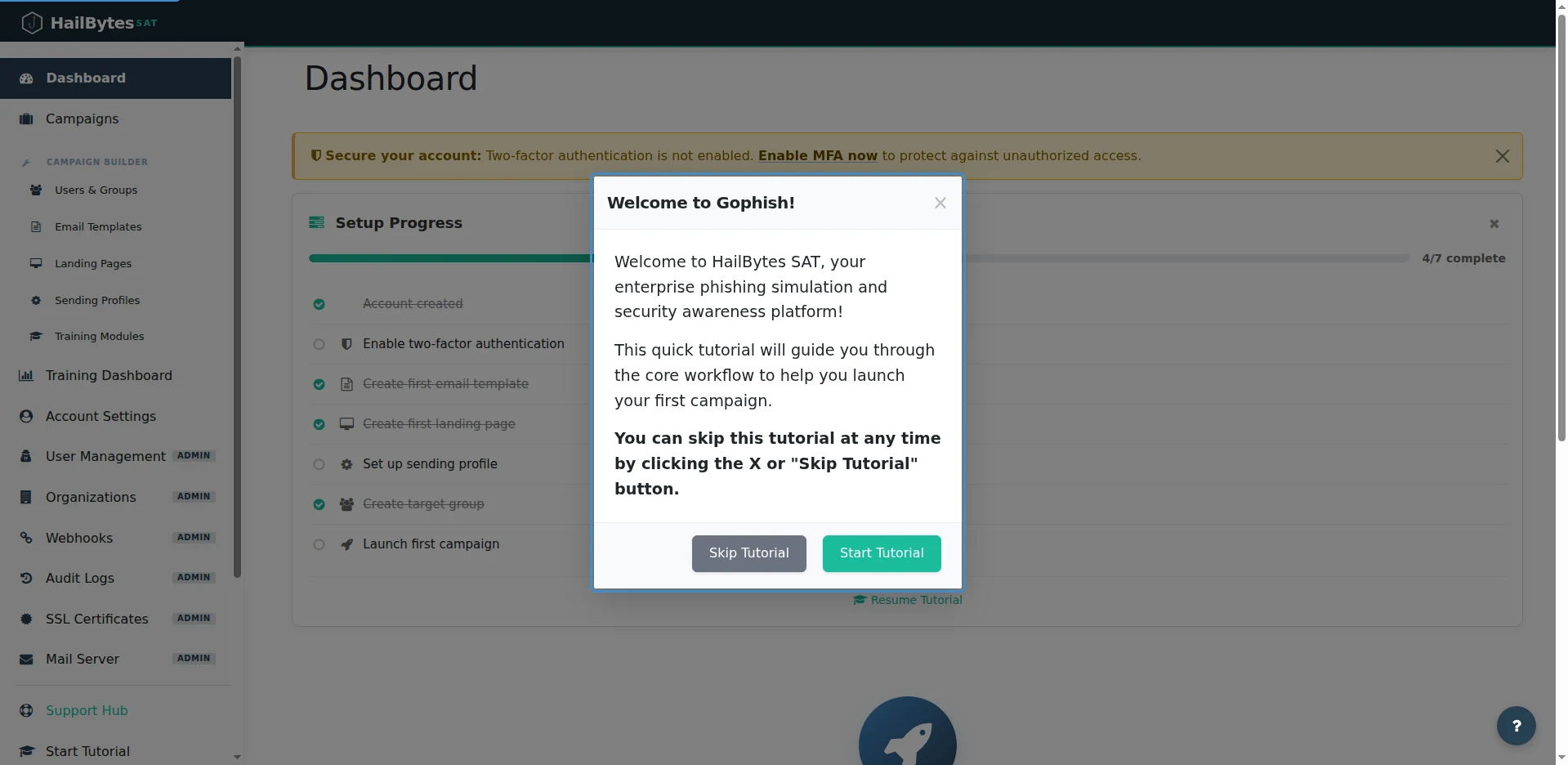 HailBytes SAT dashboard welcome tutorial with Setup Progress checklist