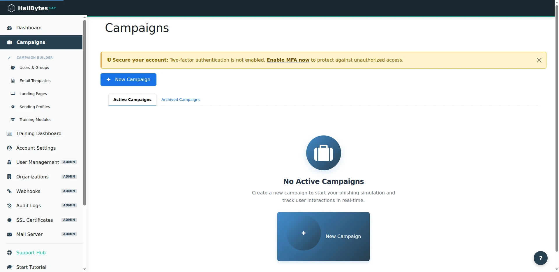 HailBytes SAT Campaigns page with New Campaign button and Active/Archived tabs