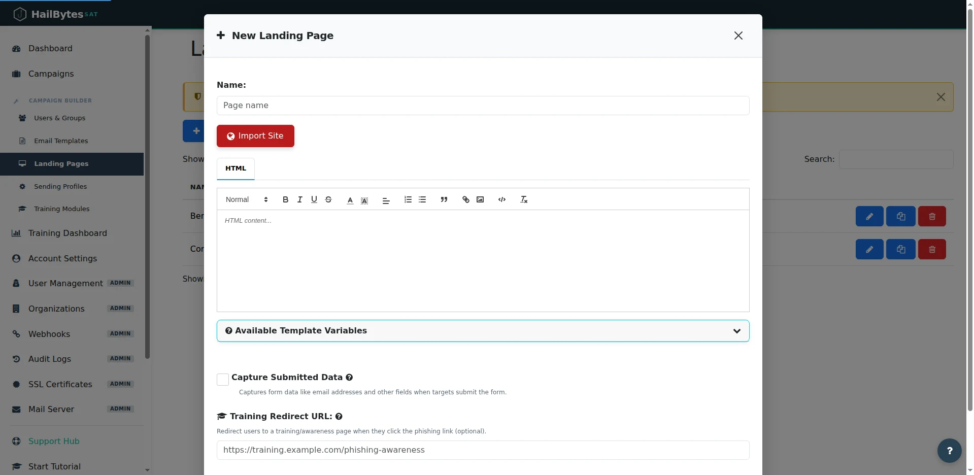 HailBytes SAT New Landing Page modal showing HTML editor, Capture Submitted Data toggle, and Training Redirect URL field