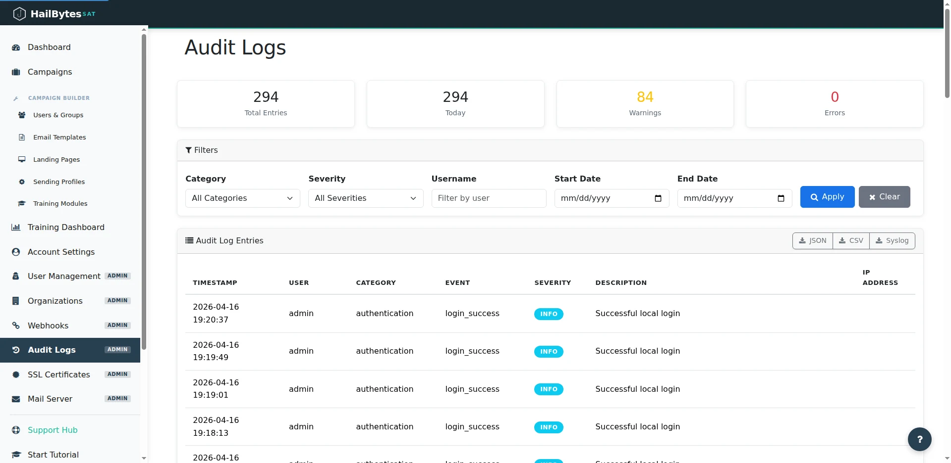 HailBytes SAT Audit Logs page with filters, total entries counter, and JSON/CSV export buttons